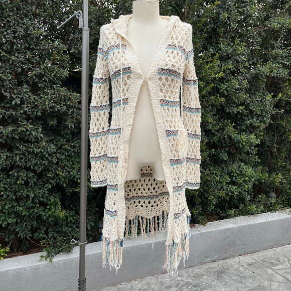 Free People Crochet Sunblock Cardigan Duster Sweater Bohemian Fringe Hippie - Picture 2 of 7